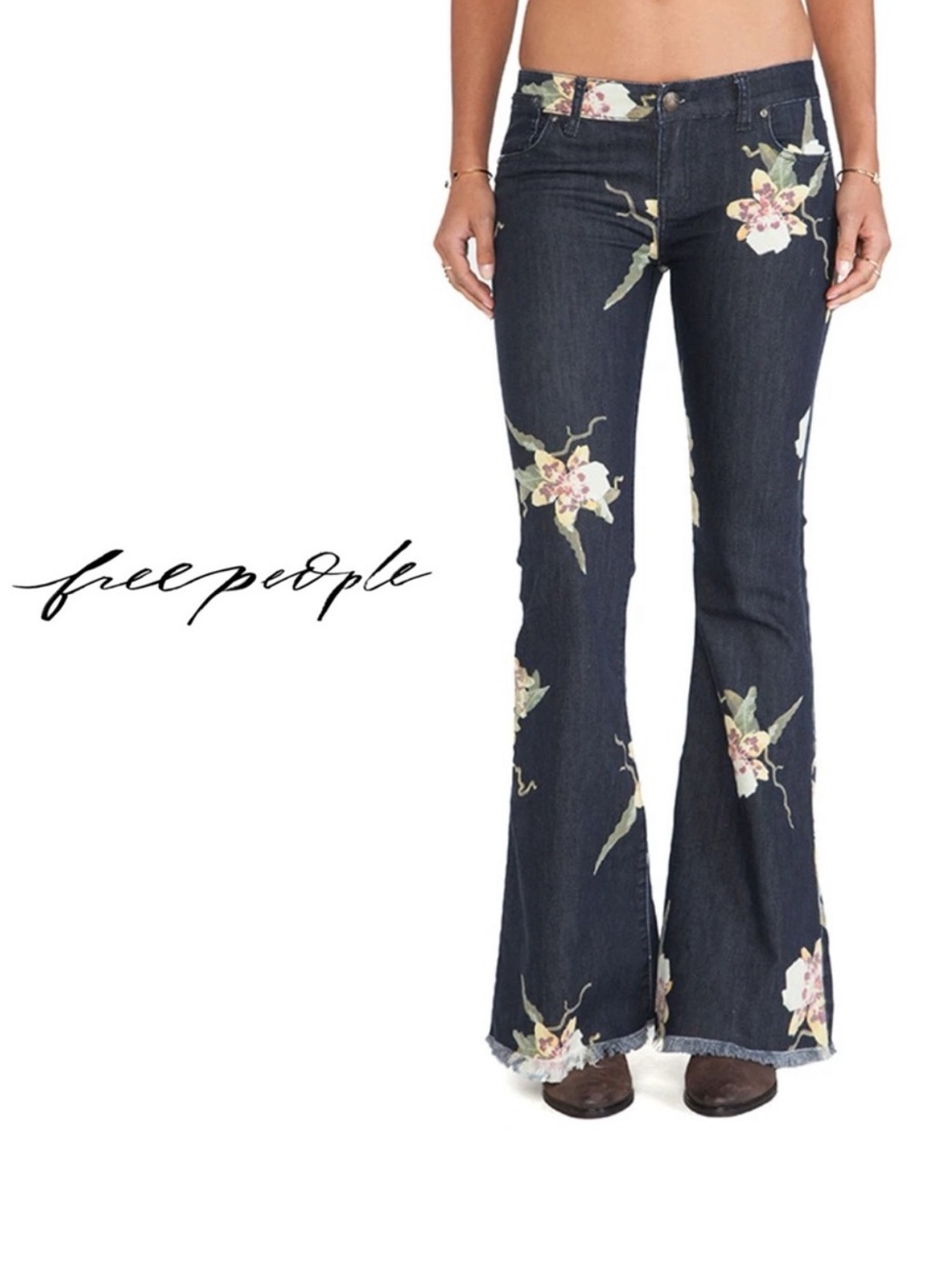Rare NWOT Free People Floral Bali Miami Night Just Float On Flare Jeans Size 30